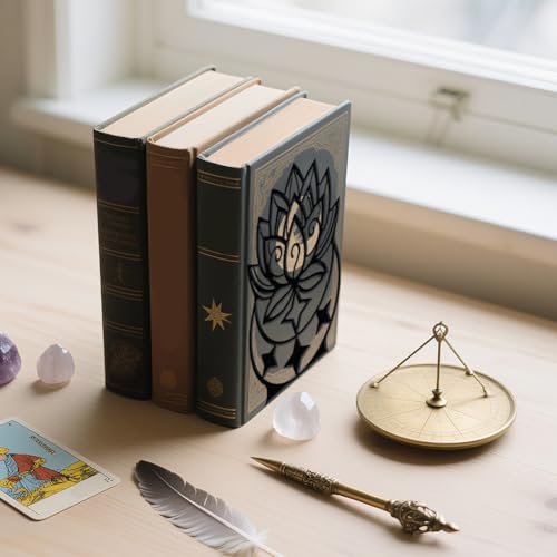 WADORN Lotus Moon Metal Decorative Bookend for Shelves 1 Pair, Heavy Duty Book Ends Unique Non-Skid Books Holder Stand Black Book Support Stoppers for Desk Bookshelf Office Home, 5.3x4.3x7.9 Inches - color: Lotus