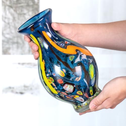 KAMMAK Colored Glass Vase, Beautiful Hand Blown Decorative Vase, Modern Art Vase for Flower Mantle Dining Table Centerpiece, Entryway Living Room Wedding Decoration (JG2070) - style: JG02070