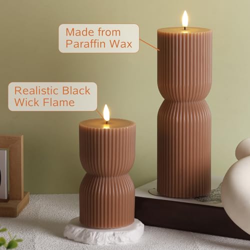 Warm Brown Ribbed Flameless Pillar Candles with Remote, Real Wax Flickering Battery LED Candles Christmas Decor Gift Set of 2 - color: Amber Brown