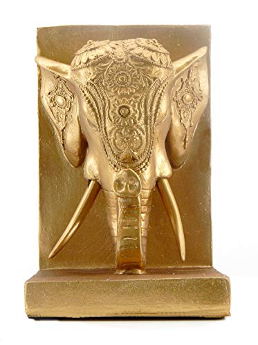 Bellaa 21817 Thai Elephant Bookends Pair - Antique Gold Polyresin 7 Inch Tall Decorative Bookshelf Decor