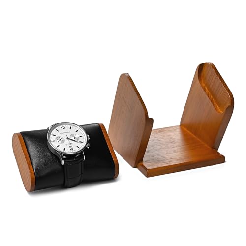 Oirlv Solid Wood Single Watch Display Stand Black Premium Leather Watch Holder for Men and Women - color: Black