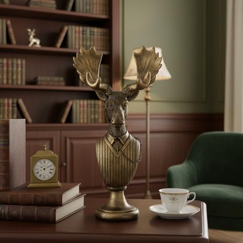 Vintage Animal Statue Sculpture,Gold Resin Moose Bust Figurine with Glasses & Suit, Deer Retro Office Desk Decor for Home Living Room, Creative Gift for Animal Lovers - color: Deer Bust