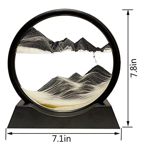 HYUGF Moving Sand Art Picture Decor, 3D Deep Sea Sandscape Liquid Motion, Round Glass Frame Display Flowing Sand Relaxing Gift for Kids Adults Home Office Work Desktop Decoration Toy (Black, 7") - color: Black, size: 7 inches