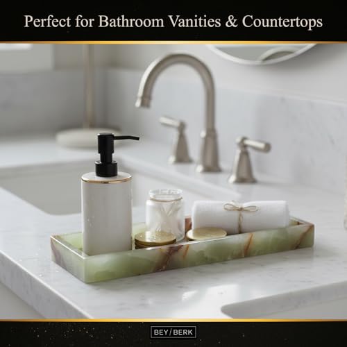 Bey-Berk International Green Onyx Marble Bath Tray, White & Tan - color: Green Onyx