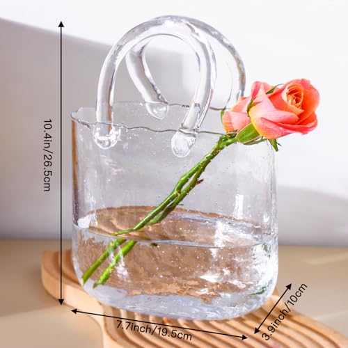 Fixwal Glass Purse Vase for Flowers, Clear Bag Vases with Handle, Unique Cute Handbag Shape Decorative Flower Vases with Fish Bowl for Centerpieces Home Table Shelf Decor Birthday