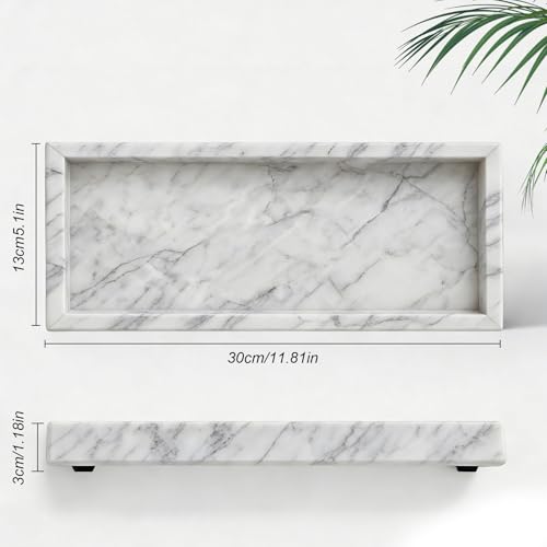 Natural Marble Tray, Stone Tray for Bedroom/Bathroom/Kitchen/Vanity Countertop, Jewelry Tray for Rings Earrings Necklace Bracelet Watch, Room Decor Aesthetic - color: Carrara White, size: 11.8" x 5.1" x 1.2"