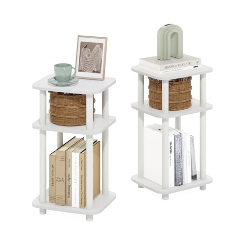 Furinno JUST Side Table Set of 2, 3-Tier Turn-N-Tube End Table with Open Shelf, Round Curve Corner Night Stand, Bedside Table, Easy Assembly, for Living Room, Bedroom, White - color: White/White, size: 2-Pack, Plastic Frame, 3-Tier