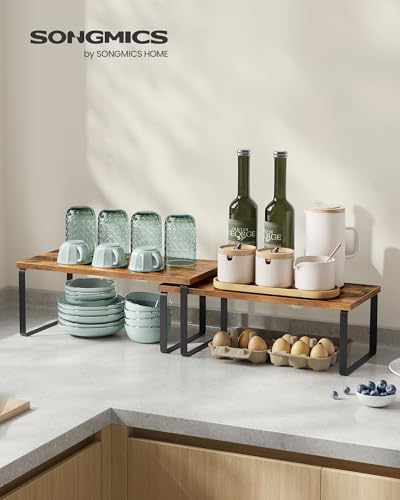 SONGMICS Cabinet Organizer Shelf, Set of 2 Kitchen Counter Shelves, Kitchen Storage, Spice Rack, Stackable, Expandable, Metal and Engineered Wood, Ink Black and Rustic Brown UKCS200X01 - color: Ink Black + Rustic Brown, size: 15.6"W