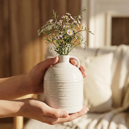 Firehold Ceramic Vase Set of 3, Rustic Home Decor Vases for Modern Farmhouse, White Boho Flower Vases for Shelf, Mantel, Table Decor, Small Decorative Vase for Dried Flowers & Pampas Grass - color: 01-white