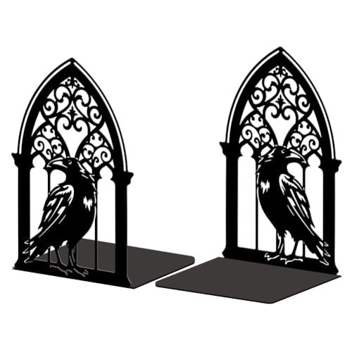 Peacoblue Metal Bookends for Shelves, Modern Decorative Heavy Duty Study Book Support Stoppers for Office, Desk, Shelf, Room 5.3"x4.3"x7.9" Cast Iron Simple Tall Bookends, 1 Pair (Gothic Crow) - style: Gothic Crow
