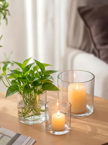 NUPTIO Hurricane Glass Candle Holders: Set of 3 Thick Glass Large Pillar Candle Holder - Clear Vases for Wedding Table Centerpieces Decor