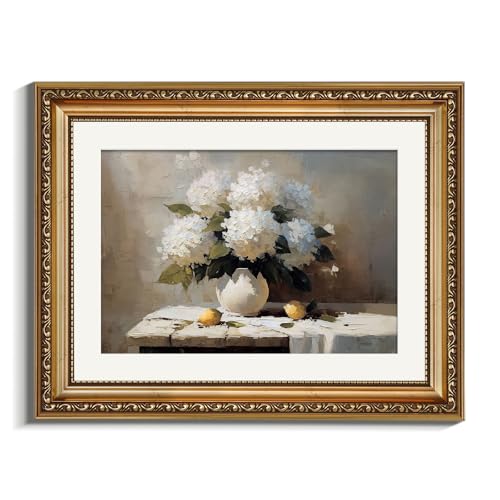 VIYYIEA Gold Framed Wall Art, White Hydrangea Canvas Print Home Decor Vintage Art Lemon Painting Picture Bathroom Wall Decor, Flowers Artwork for Living Room Bedroom Kitchen Office - 14L x 11W - color: Hydrangea, size: 14"L x 11"W