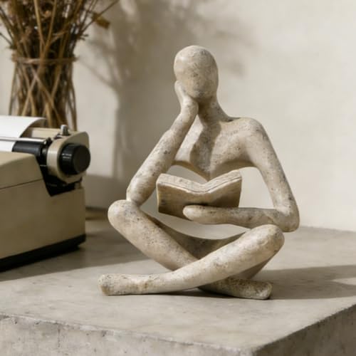 Bookshelf Decor Thinker Statue - Abstract Art Reading Thinker Sculpture Figurine Aesthetic, Modern Home Decoration for Living Room Office Shelves Coffee Table Desk Decor(Beige)