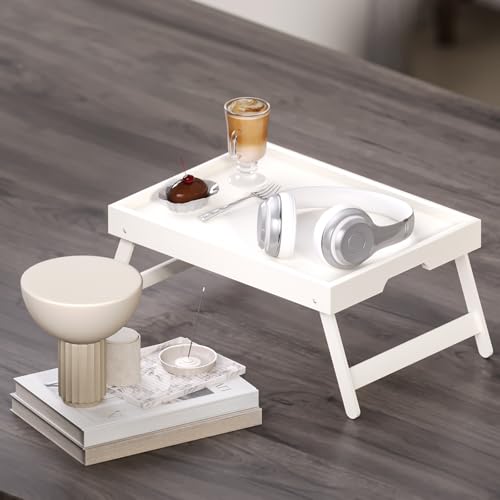 Fibogollo 2 Pack Bamboo Bed Tray Table with Folding Legs,Breakfast Trays,Serving Tray for Food and Snack,Laptop Trays for Working(White) - color: White, size: 2 PC