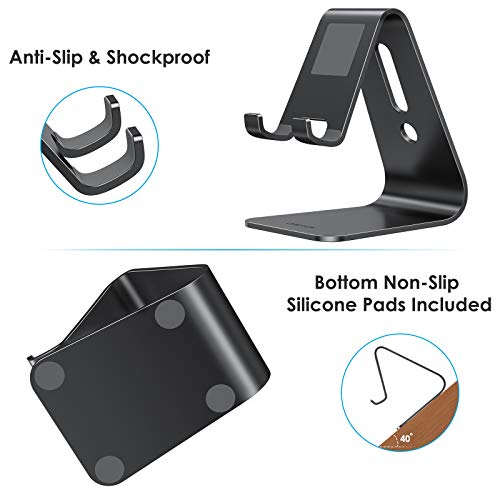 OMOTON Upgraded Aluminum Cell Phone Stand, C1 Durable Cellphone Dock with Protective Pads, Smart Stand Designed for iPhone 17 Air, 16/15/14/13 Pro Max XR XS, iPad mini, Android Phones, Black - color: Black