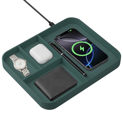 VOVIPO Faux Leather Valet Tray,with 2 in 1 Wireless Charging Compitable With iPhone/17/16/15/15 Plus/15 Pro/15 Pro Max/14/13/12/Wireless earphones,Office/Home Desk Organizers Tray-Mint - color: Mint