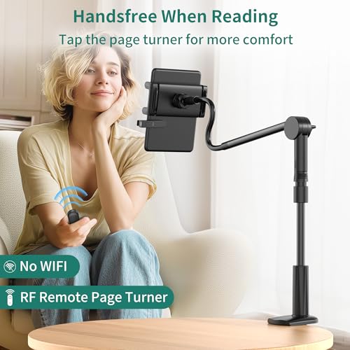 PlusAcc for Tablet Holder with Remote Page Turner – Gooseneck Stand for Reading in Bed, Hands-Free Desk Bedside Stand, Lazy Arm with Clicker Compatible with iPad, Tablets 4-11 Inches, Smartphones