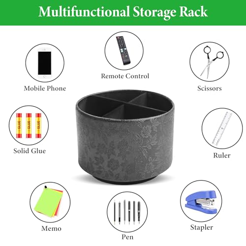 lizimandu Round Leather Art Supply Organizer,Remote Control Holder,360 Degree Spinning,Multi-Functional Pencil Holder,4 Compartments Desktop Stationary Organizer(1-Liuli Black) - color: 1-Liuli Black