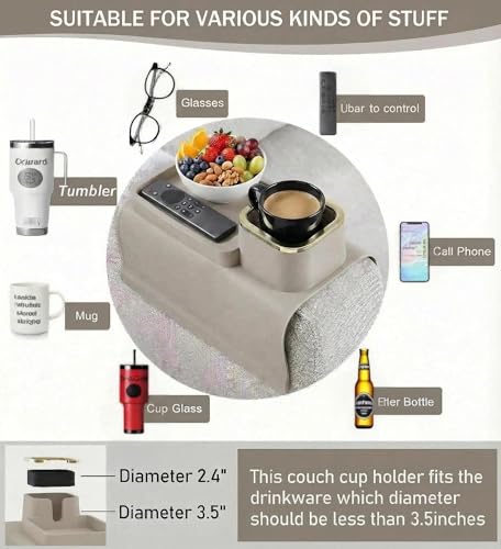 Luxury Gold Trim Couch Cup Holder Tray - Weighted Silicone Anti-Spill Sofa Armrest Organizer, Non-Slip Recliner Tray Table for Drinks, Remote, Phone - Fits Most Couch Arms, Home Gift (Beige Grey) - color: Beige Grey