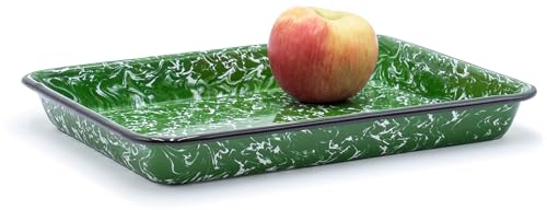 Red Co. 11" x 9" Enamelware Metal Classic 2 Quart Rectangular Serving Tray, Dark Green Marble/Black Rim - Splatter Design - color: Dark Green