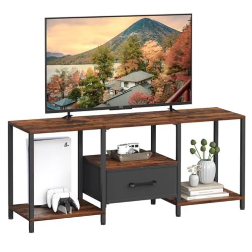 JARHETUN TV Stand with Fabric Drawer for 55 Inch TV, Entertainment Center with Open Shelves, Media TV Console Table for Living Room, Bedroom, Rustic Brown - color: Rustic Brown, size: 46.1 Inches