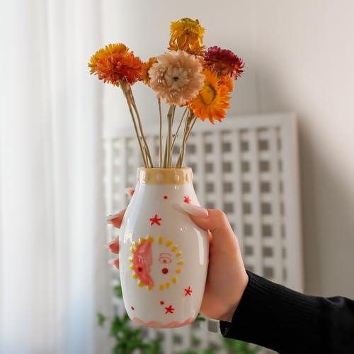 Tnstbiee Cute Boho Small Cream Ceramic Bud Vase, Sun and Moon Round Decorative Vase for Dried Flowers/Single Rose/Pampas Grass, Modern Table Vase for Entryway Dining Coffee Table, Unique Home Gift - color: Bohemian Vase