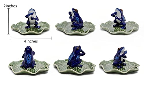 2" Dark Blue Frog On 4" Wide Lotus Leaf Ceramic Incense Stick Holder Artistic Collectible Figurine for Adult Collectors Interior Accent Gift Handcrafted Porcelain Home Room Decor