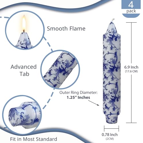 NJAO HOO Floral Taper Candles 7 Inch Short Candlesticks Hand Printed Blue and White Candlesticks Unscented Tapered Candle Set for Spring Home Garden Decor, 4Pcs - color: Blue White, size: 7 In