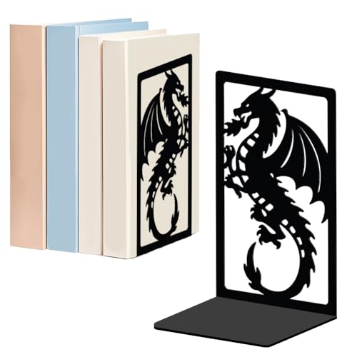 WADORN Creative Dragon Metal Bookends for Shelves Decorative 1 Pair, Heavy Duty Books End Support Non-Skid Book Holder Black L-Shaped Book Stopper for Home Office Desk Book Divider, 4.7x3.5x7 Inch - color: Dragon