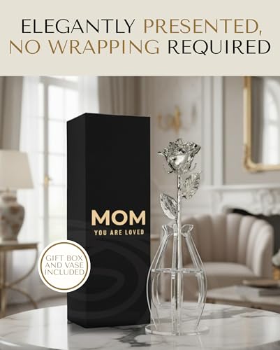 Forever Rose Bloom Box & Phantom Vase Combo, Platinum Dipped Rose in a Personalized Gift Box That Says Mom You are Loved Embossed in Gold Foil, Unique & Everlasting Gift for Any Occasion - color: Platinum Rose (Vase & Mom You Are Loved Box)