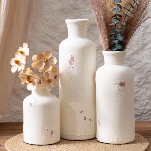 Vintage Ceramic Flower Vase Set of 3, Rustic Farmhouse Vase for Home Decor, Distressed Decorative Vase for Table Entryway Mantel Centerpiece Living Room Bathroom Bedroom (Weathered White) - color: 117-weathered White