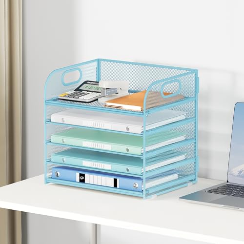 Lavatino Desk Letter Tray Paper Organizer for Desk 5-Tier with Handle Mesh Desktop File Organizer Paper Holder for Classroom Office Accessories - Blue - color: 5 Tier - Blue, size: 12.6" x 9.1" x 11.5"