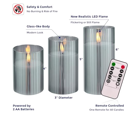VENTA Flickering Flameless Candles With Remote Control - Led Candles Battery Operated - Battery Operated Candle For Decoration Table, Timer & Dimmer Features, Set - 3Pcs (4",5",6") (Grey Ribbed Glass) - color: Glass Grey Ribbed