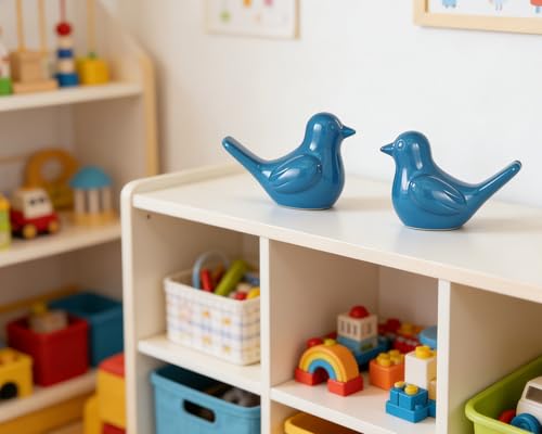 Small Blue Bird Statue Ceramic 2-Piece Set, 3¾ inch Cute Knick Knack for Home Office Shelf Desk Decor - color: Blue