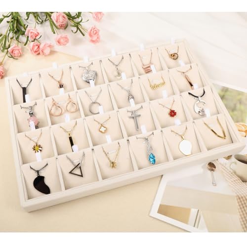 Mornajina 24 Grids Stackable Jewelry Tray Organizer with Removable Dividers, Velvet Jewelry Display Tray for Earrings Necklaces Bracelet Rings Display Showcase - Light Khaki - color: Light Khaki