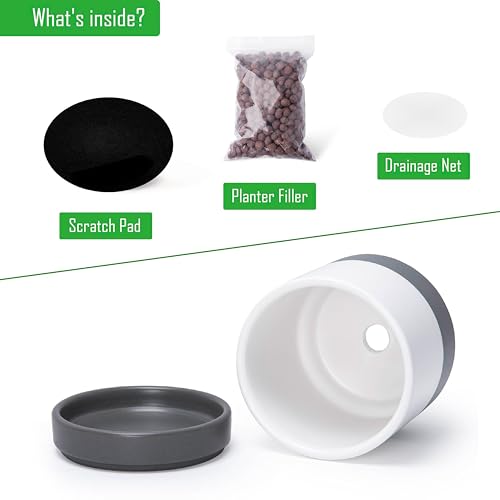 D'vine Dev Set of 2 Plants Pots, 4.7 Inch Ceramic Planter Pot for Plants with Drainage Hole and Saucer, White/Speckled Grey, 94-V-B-6 - color: White/Speckled Grey, size: 4.7 Inch