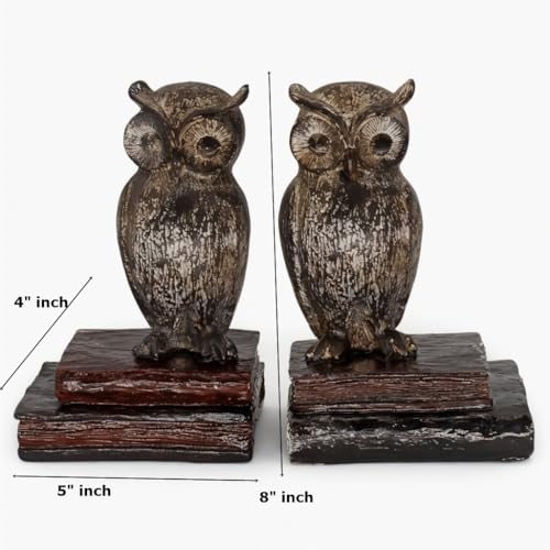 Bellaa 21725 Decorative Owl Bookends - Rustic Farmhouse Book Ends for Shelves, Non-Skid Wide Eyed Bird Design, Vintage Boho Home Office Library Decor