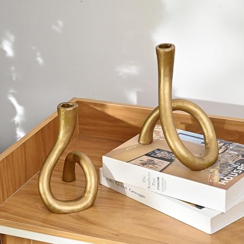 Gold Cast Iron Taper Candle Holder, Candlestick Holder Decorative, Gift Tapered Candle Holders for Home Decoration, Bedroom, Dinning, Mantel, Kitchen, Party, Set of 2 - color: Gold