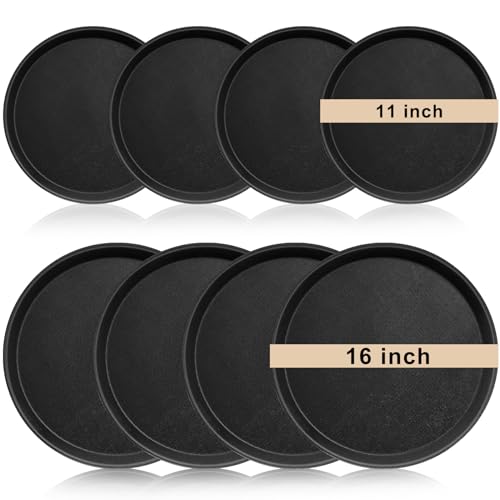 Zopeal 8 Pieces Black Round Restaurant Serving Tray, Plastic Non Slip Surface Food Meals Server Tray with Raised Edges for Home, Kitchen, Restaurant, Cafeteria, Bar (11",16") - size: 11", 16"