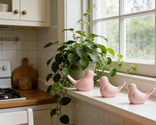 Small Pink Bird Statue Ceramic 2-Piece Set, 3¾ inch Cute Knick Knack for Home Office Shelf Desk Decor - color: Pink