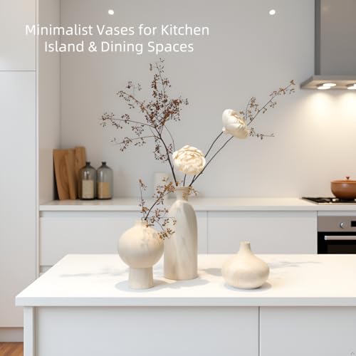 White Ceramic Vase Set of 3 in Beige, Modern Aesthetic Stone-Look Textured Pottery Vases for Shelf & Bookshelf Home Decor, Neutral Minimalist Decorative Vases for Flowers & Pampas Grass