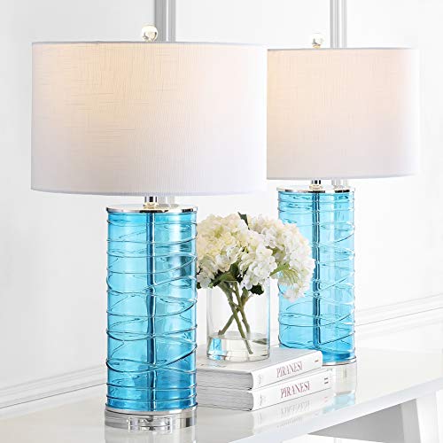JONATHAN Y 27.5" Turquoise Modern Fused Glass Table Lamp Set of 2 for Bedroom Living Room, Coastal Nightstand Bedside Lamp with White Linen Shade, LED Bulbs Included JYL4016A-SET2 - color: Turquoise