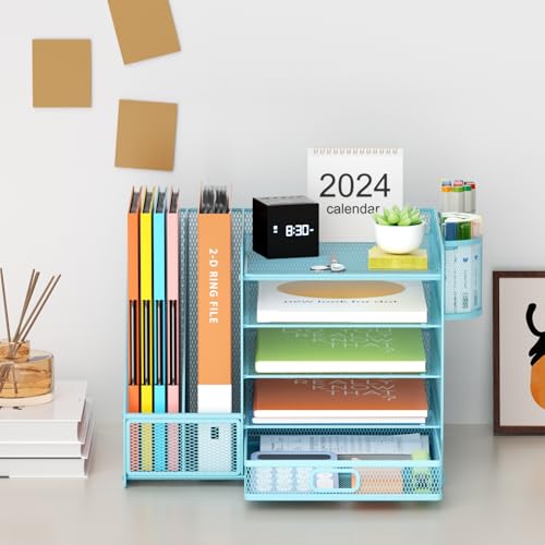 Marbrasse Desk Organizer with File Holder, 5-Tier Paper Letter Tray Organizer with Drawer and 2 Pen Holder, Mesh Desktop Organizer and Storage with Magazine Holder for Office Supplies(Blue) - color: Blue