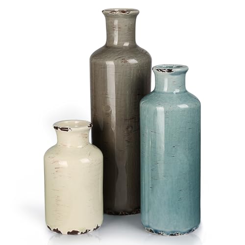 CUCUMI Ceramic Vases Set of 3, Rustic Coastal Vases Home Decor, Farmhouse Flower Vases Decor for Shelves, Ocean Beach Style, Mantle, Fireplace, Coffee Table, Shelf Decorations - color: 3pcs-a-morandi
