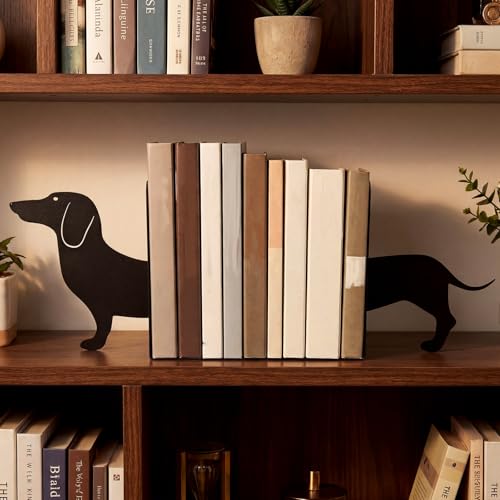 Novabright Wiener Dog Dachshund Silhouette Metal Bookends Set of 2 Dachshund Book Ends for Shelves Decorative Bookshelf Home Office Desk Bookshelf Decor Gift for Dog Lovers and Reading Enthusiast