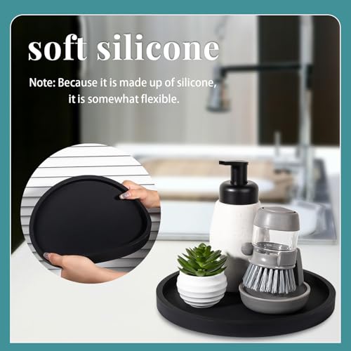 Silicone Bathroom Tray Round Vanity Tray Decorative Soap Holder Kitchen Countertop Organizer Coffee Table Decor for Candle, Perfume, Plant, 10 Inch, Black - color: Black, size: 10"