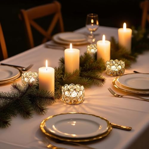 24 Pack Gold Metal Crystal Tea Light Candle Holders - 2.4"x1.6" Bulk Small Votive Candle Holders for Wedding, Home, Party Table Centerpiece Decorations