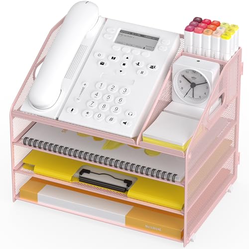 Letter Tray Paper, 4 Tier Desk Organizer with Pen Holder and Handle, Mesh File Organizer Paper Sorter Metal Desktop Document Shelf for Office Home Classroom - Pink - color: 4 Tier-pink