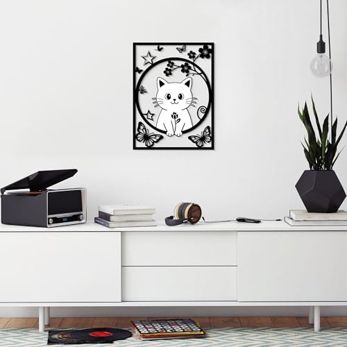 GlintHome Large Metal Wall Art - Cat Decor Flower and Butterflies Wall Sculptures for Bathroom Bedroom Living Room Kitchen Office Garden Home Wall Decoration - 11x14 Inches - color: Black-1, size: Small