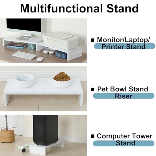 TEAMIX 2 Pack White Monitor Stand Riser - 20 inch, Wooden Desktop Stand for PC/TV/Laptop/Printer, Monitor Riser with Storage, Computer Stand with Keyboard Organizer - color: White, size: 2 Pack-20 inch